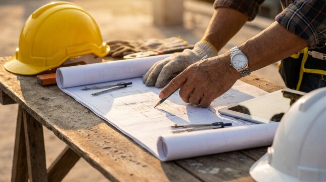 Construction Worker Reviewing Blueprints on a Worksite Table