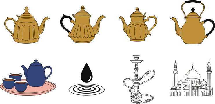 Traditional teapot and cultural icons vector set featuring Arabic coffee pots, tea set, hookah shisha pipe, oil drop and Taj Mahal illustration