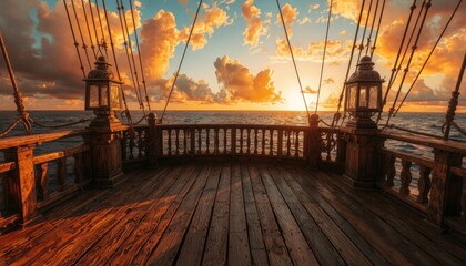 Golden hour sunset from a historic ship deck, perfect for adventure, travel, or storytelling presentations.