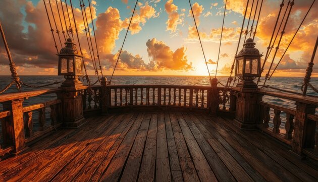 Golden hour sunset from a historic ship deck, perfect for adventure, travel, or storytelling presentations.