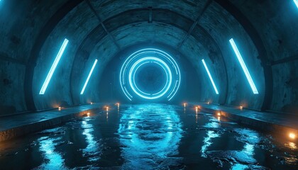 Fototapeta premium Futuristic industrial tunnel with wet floor reflecting blue neon lights. Circular glowing portal at end of passage. Concrete walls with linear lighting. Advanced technology passage.