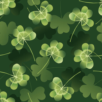 Clover leaves on green background seamless pattern. Lucky shamrock symbol or Saint Patrick Day backdrop. Vector illustration