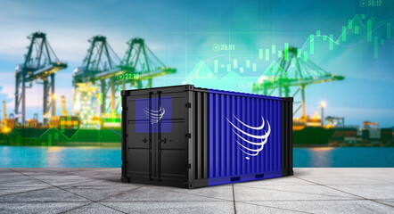 Global Trade Dynamics: A shipping container stands as a symbol of global trade against the backdrop of a bustling port, signifying the dynamic flow of goods and the intricate network of commerce. © bao