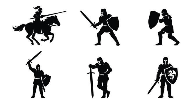 Medieval knight silhouettes collection, black armored warrior vector set with swords and shields, 6 ancient soldier icons for gaming and history