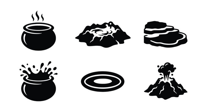 Black silhouette geothermal icons set, volcanic hot springs and boiling mud pots vector, 6 nature thermal activity elements for travel maps