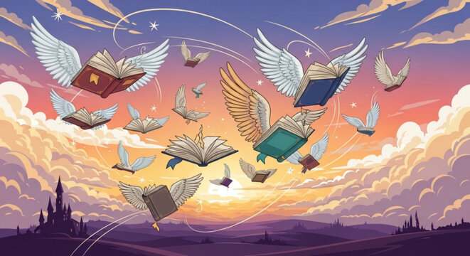 Flying books with wings soar through a vibrant sunset sky with clouds and a distant cityscape