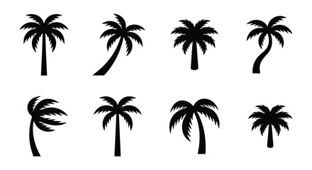 Obraz premium Black palm tree silhouette icons set, tropical coconut tree vector collection, 8 summer beach plant elements for travel and vacation design