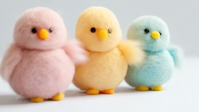 Crafting a simple Easter decoration by making tiny felted chicks in pink, yellow, and blue. Step-by-step guide to bring these cute characters to life for your holiday