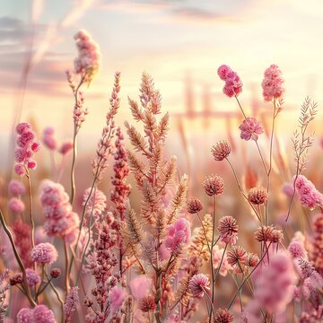 A serene field of pink wildflowers at sunset with a soft focus background