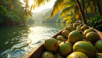 Naklejka premium Boat laden with coconuts sails on tranquil river at sunset. Rich tropical jungle lines water banks. Sun shines through palm leaves creating golden reflections on water.