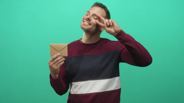 Man holding a brown envelope making a peace sign by his eye in a green studio; joyful celebration moment.