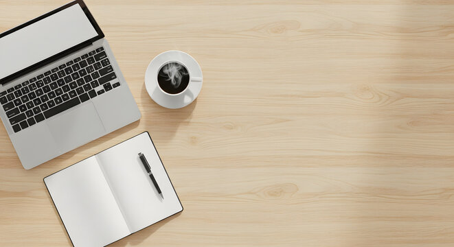 Office desk with laptop and pen for business work communication setup