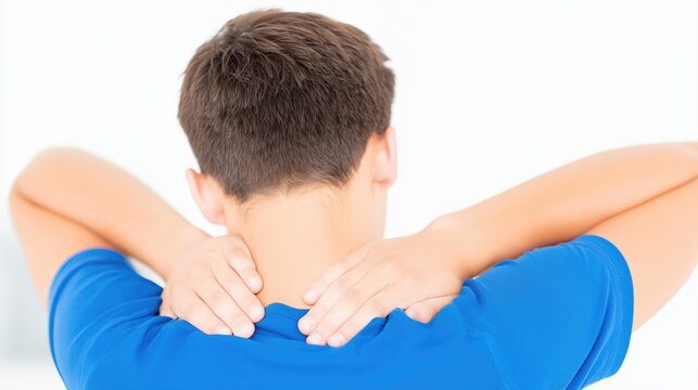 A zoomer massaging their painful neck and shoulders due to stiffness. A teen person suffering from muscle strain, tension or injury