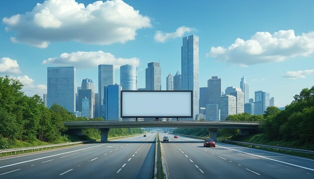 Wide highway leads to city skyline with skyscrapers. Blank billboard sits on overpass above road. Cars drive on multilane freeway under blue sky with clouds.