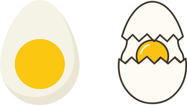 Simple EPS illustration of a boiled egg and a cracked egg with visible yolk, presented in flat and line art styles on a clean background.