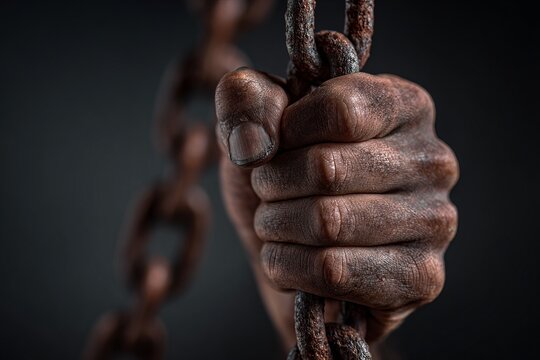 hand gripping a rusted metal chain, showcasing detailed textures and skin features against a dark background, abolition and human right