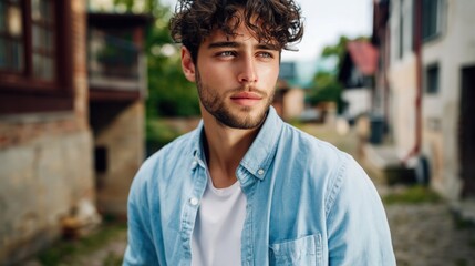 Fototapeta premium Young caucasian male adult in light denim shirt outdoors village street portrait contemplative gaze
