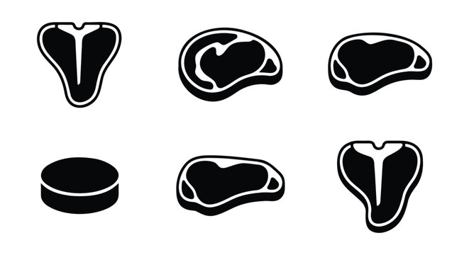 Raw beef steak icons set, black and white meat cut vector illustrations, assorted t-bone and ribeye steak silhouettes for butcher shop branding