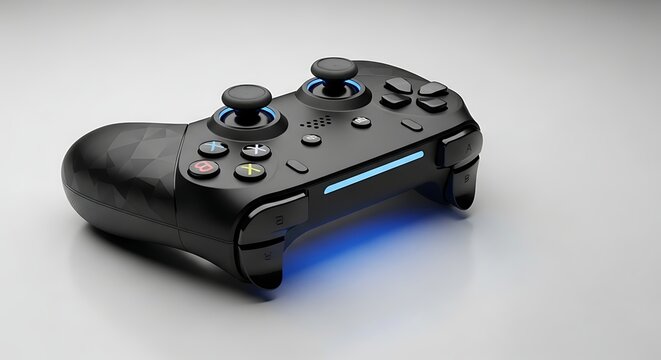 Black PlayStation gaming controller with blue light.