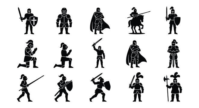 Medieval knight silhouette collection, 15 armored warrior icons in black vector format, middle ages soldier set with swords and shields