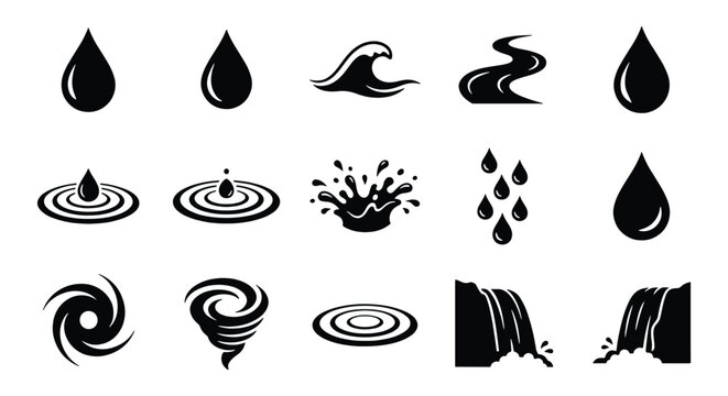 Minimalist water icon set, black liquid drop and splash vector elements, 15 nature symbols including waves, ripples, and waterfalls for UI design