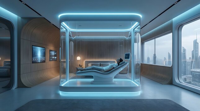 Woman Relaxing in Futuristic Hyperbaric Oxygen Therapy Chamber at Home