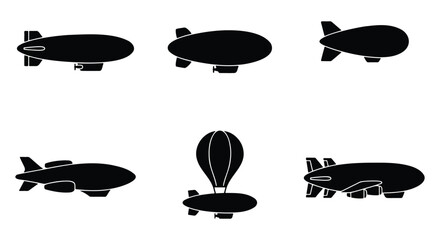Vintage airship silhouette collection, set of 6 blimp and zeppelin vector icons, black dirigible aircraft symbols for aviation design © Nime