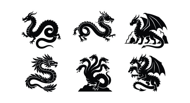 Mythical dragon silhouette collection, set of 6 black fantasy creature icons, oriental and western dragon vector illustrations for gaming and logos