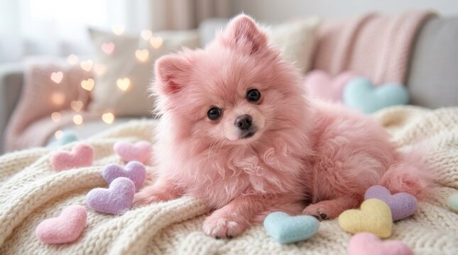 A cute pink dog surrounded by hearts, soft fur texture, pastel palette, affectionate playful atmosphere, ultra-realistic, no logos.