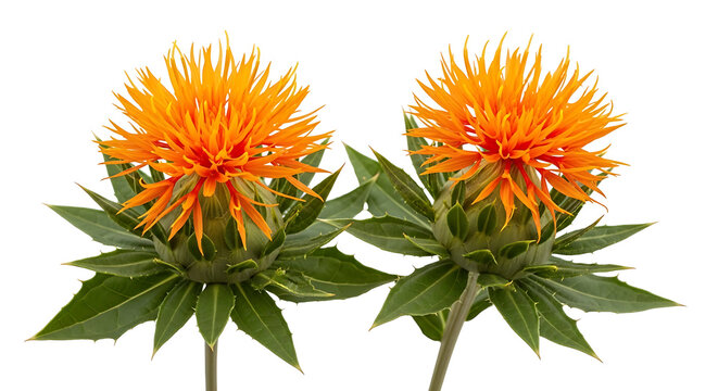 Two orange safflower flowers with green foliage isolated on a clean white studio background for herbal use with green leaves
