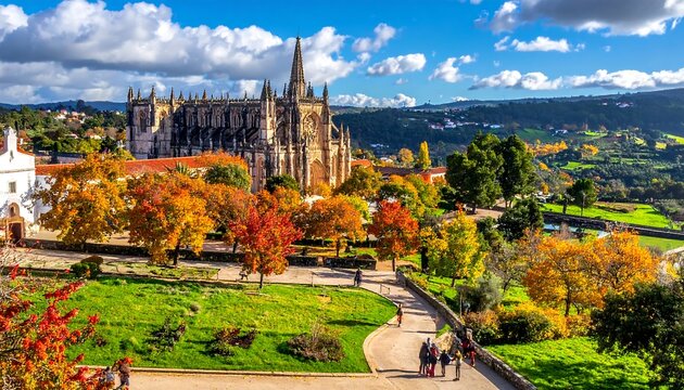 Architectural marvel amidst vibrant autumn trees, set against a backdrop of rolling hills and a blue sky dotted with clouds