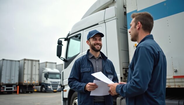 Two men in work uniforms talk near parked semi trailer trucks. One man holds papers, possibly a manifest or delivery document. Logistics workers near warehouse area discuss cargo and shipment details.