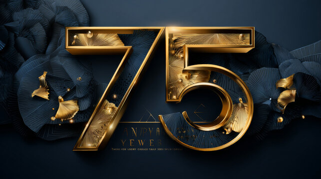 75th Anniversary luxury gold celebration with Overlapping Letters Text in number logo vector design concept. Seventy-five Years anniversary gold typography template for celebration event, business.