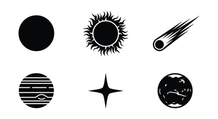 Minimalist celestial icon set, black space planet and sun vector symbols, 6 astronomy elements including comet and star for science infographics © Nime