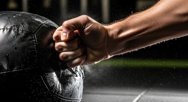 Close-up of a powerful fist striking a wet medicine ball with intense force