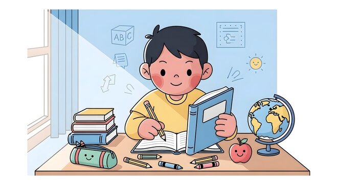 Cute Indonesian child studying at desk, reading book and writing, focused and happy expression, school supplies around, bright and inspiring atmosphere, soft pastel colors, flat vector style, educatio