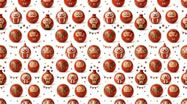 A seamless pattern of cute roly-poly dolls with warm red accents and playful circus charm on a clean white background, ultra-realistic, no logos.