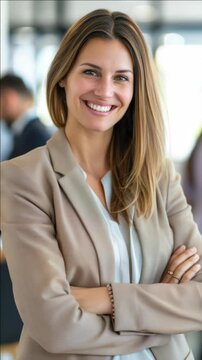 A beautiful, well-dressed career woman smiling at the camera with confidence.