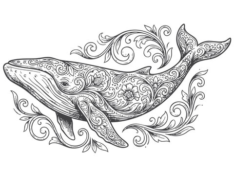 Ornamental Whale Line Art with Floral Decorative Elements Illustration