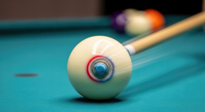 Close-up of a cue ball being struck by a pool cue on a green felt table