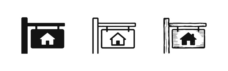 Real estate wooden signpost icon set featuring solid, outline and hand drawn sketch styles for property market © drawing lines