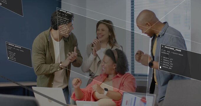 Business team celebrating after monitor chart gain, UI overlays highlighting success around team