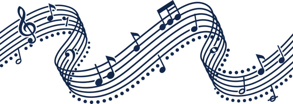 Musical notes flow along a wavy staff line to represent a rhythmic melody in this artistic composition.