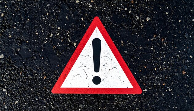 Asphalt surface with a triangular warning sign, painted white with a red border & black exclamation point