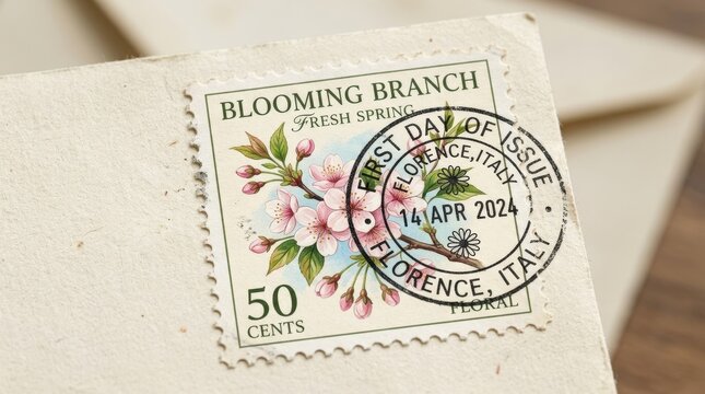 A floral postage stamp with a blooming branch and delicate postal mark details, fresh spring charm, ultra-realistic, no logos.