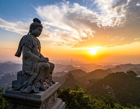 A serene statue of Guanyin overlooks a sprawling cityscape bathed in the warm glow of a setting sun, creating a breathtaking vista of natural beauty and cultural significance.