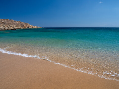 Panoramic view of the incredible beauty of Lia beach on the island of Mykonos, Greece.
