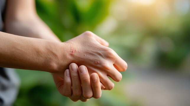 Extreme macro of a hand (faceless) gently scratching a slightly red patch of skin on an arm, Allergic Reaction concept, sharp focus on skin pores and fine hairs, soft outdoor light