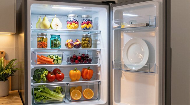 Well stocked refrigerator with assorted fruits and vegetables
