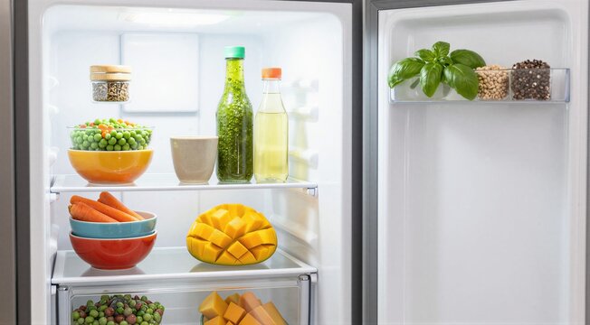 Refrigerator shelves holding cut fruit and bottled condiments